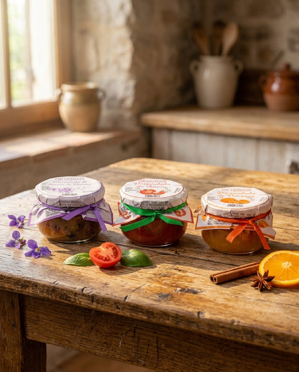 Don Gastronom artisan jam bundle, three jars on marble surface