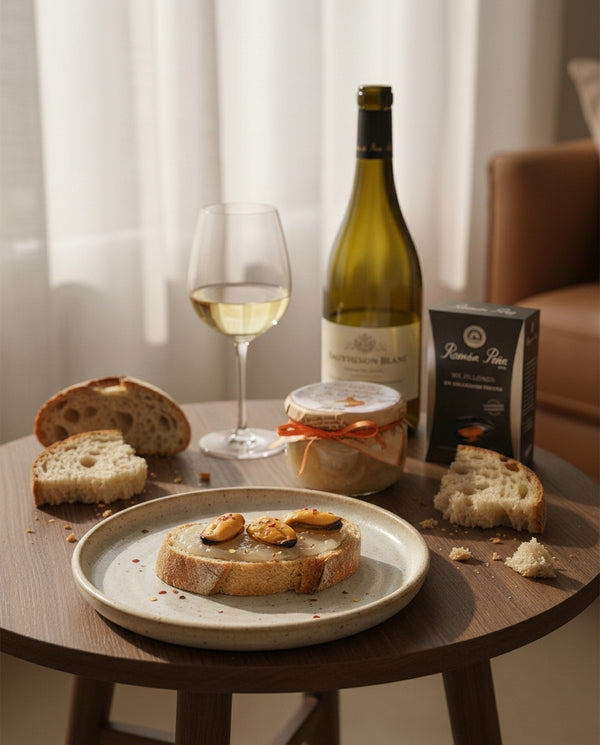 The Escabeche Edit conservas bundle with mussels, sourdough styling