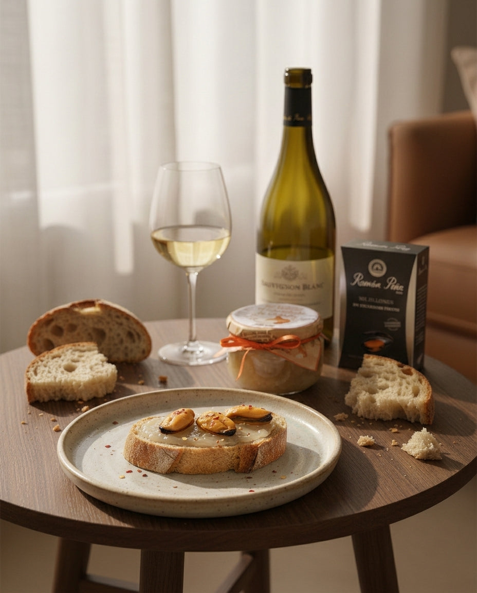 The Escabeche Edit conservas bundle with mussels, sourdough styling