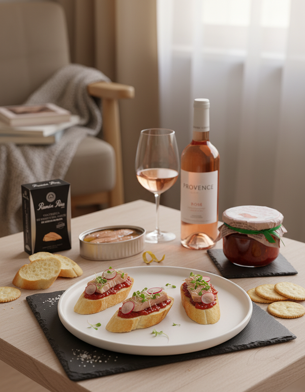 The Luxe Sundowner gift set with tuna ventresca conservas, styled