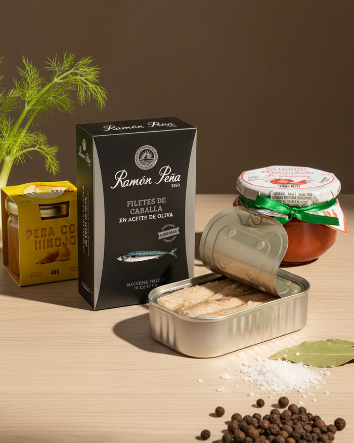 The Aperitivo Trio conservas set, three tins on dark surface