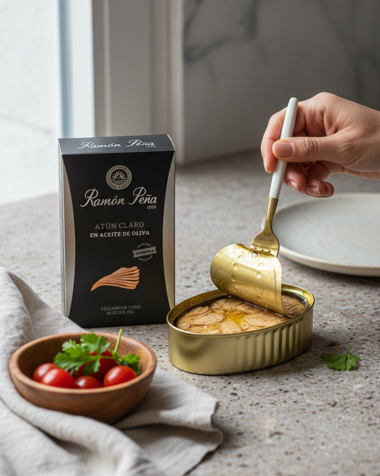 Ramon Pena silver line yellowfin tuna in olive oil, tin on marble