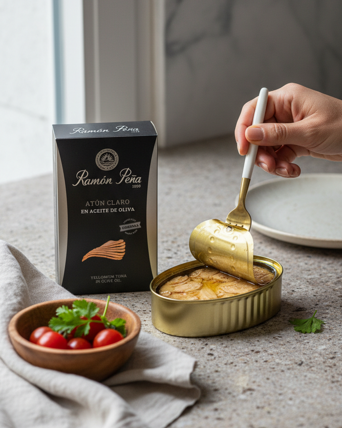Ramon Pena silver line yellowfin tuna in olive oil, tin on marble