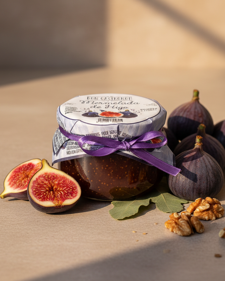 Don Gastronom fig spread jar on rustic wooden board