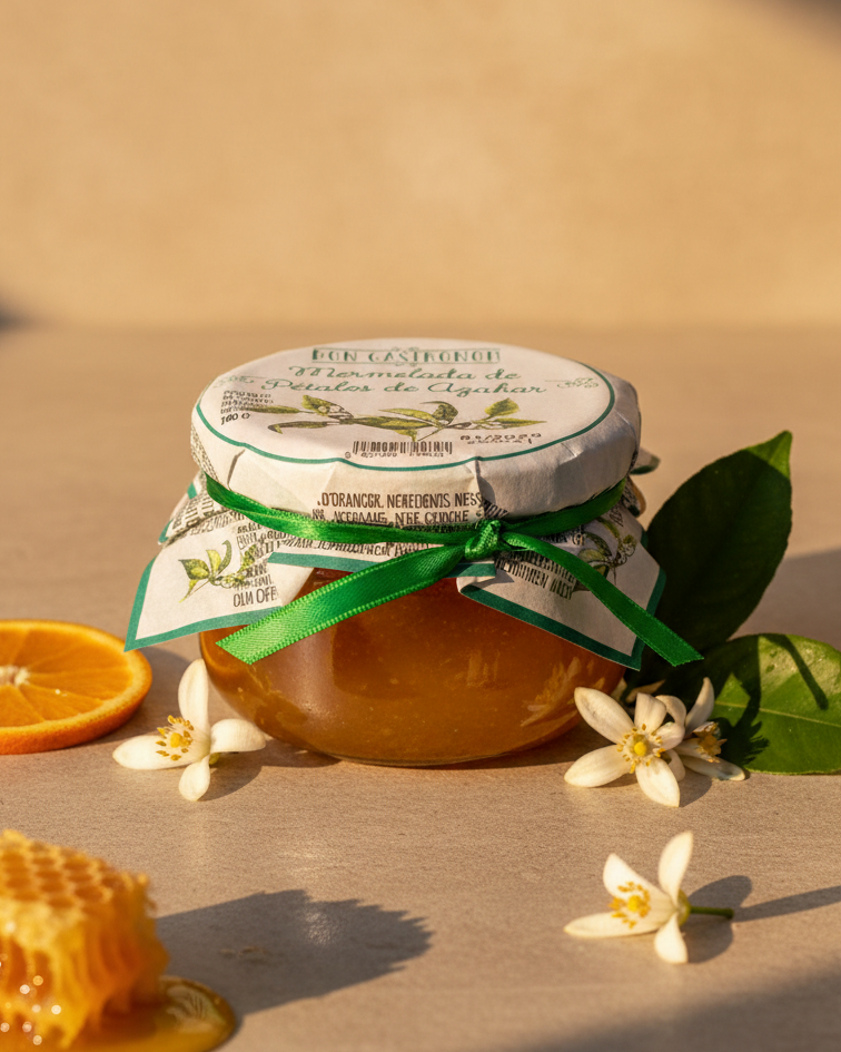 Don Gastronom orange blossom petal spread, jar with blossoms
