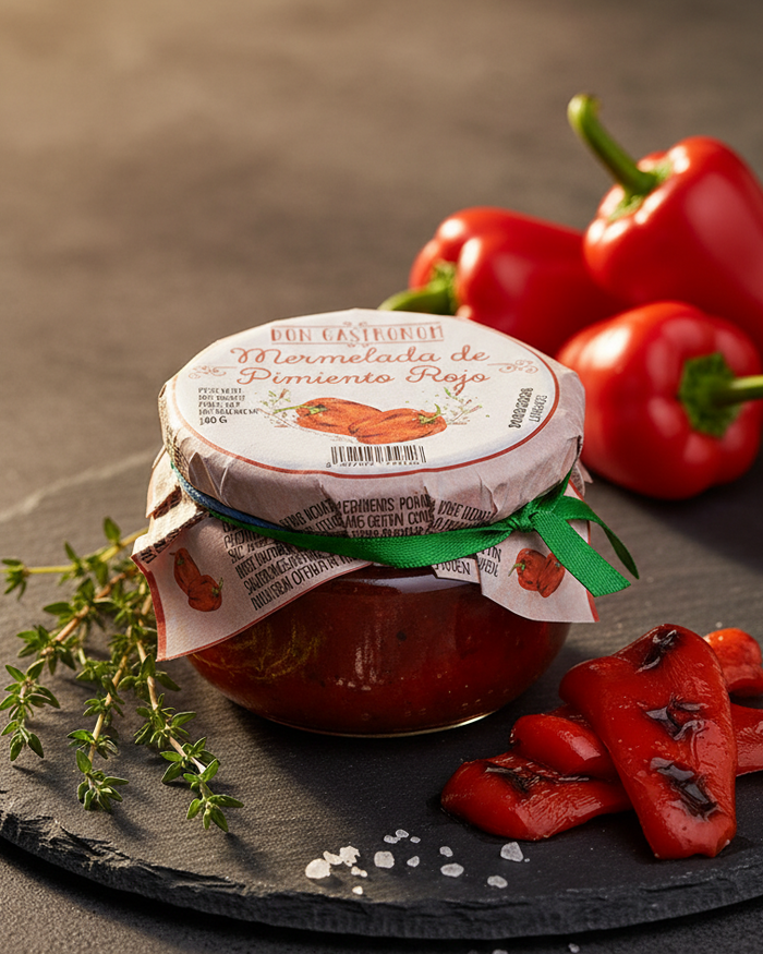 Don Gastronom red pepper artisan spread jar, warm styling
