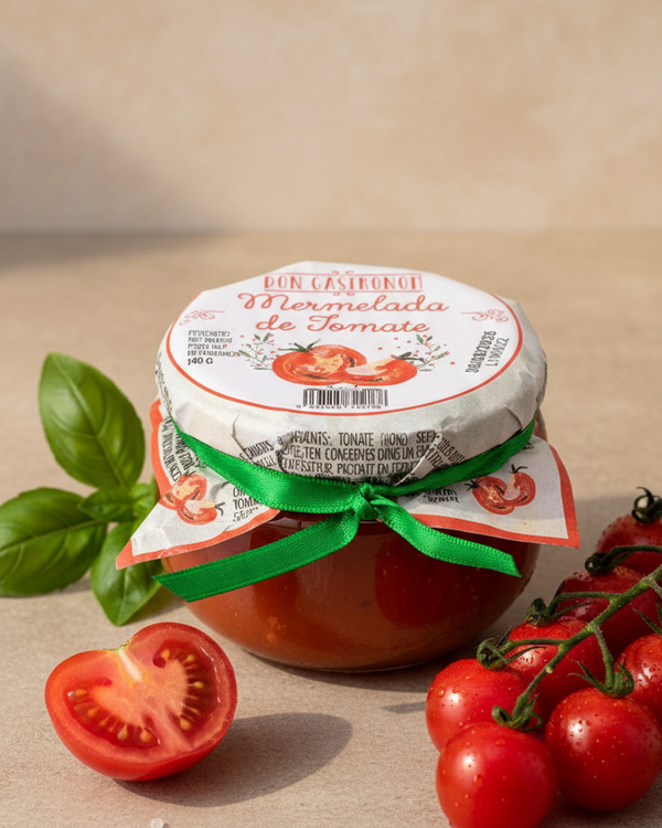 Don Gastronom artisan tomato spread, open jar on linen