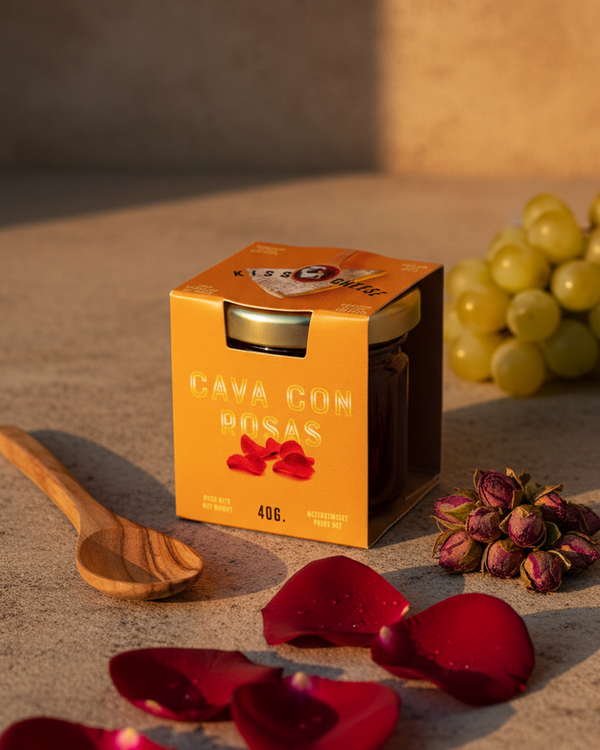 Kiss the Cheese cava jam with roses, mini jar on marble