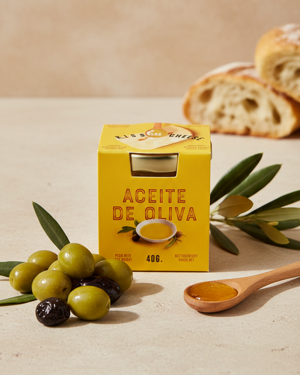 Kiss the Cheese olive oil jam, mini jar next to cheese board