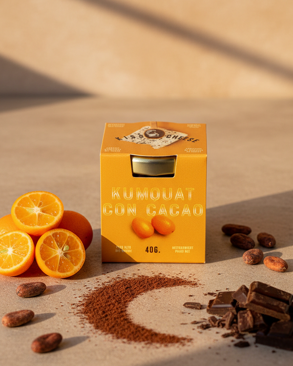 Kiss the Cheese kumquat cocoa mini jam jar, dark styling
