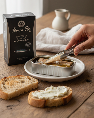 Ramon Pena silver line mackerel fillets in olive oil, styled tin
