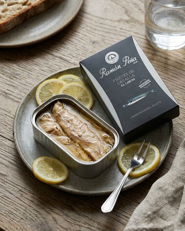 Ramon Pena mackerel fillets in lemon olive oil, tin on marble surface