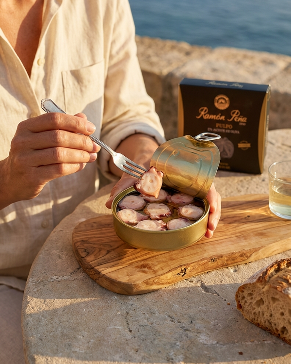 Ramon Pena gold line octopus medallion in olive oil, luxury tin