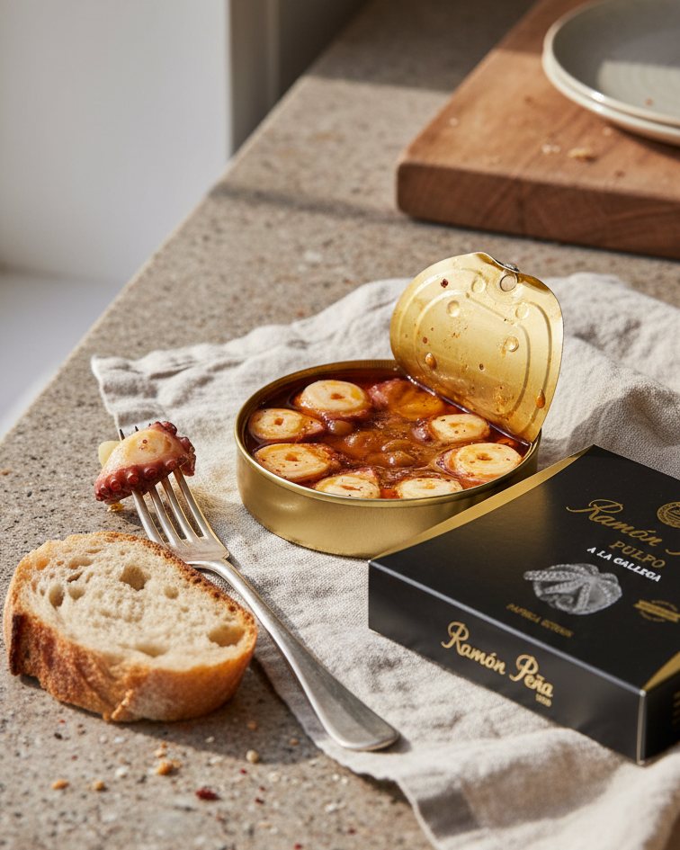 Ramon Pena gold line octopus medallion in paprika sauce, open tin