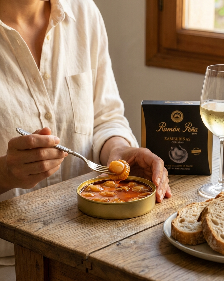 Ramon Pena gold line queen scallops in sauce, open tin on linen