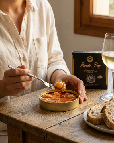 Ramon Pena gold line queen scallops in sauce, open tin on linen