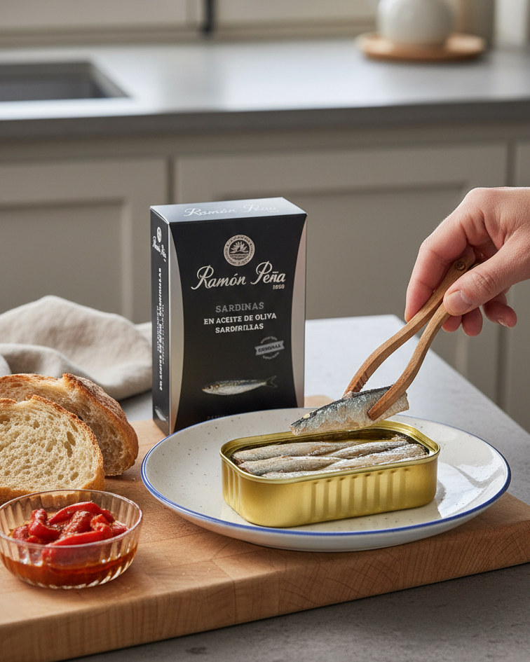 Ramon Pena silver line sardines in olive oil, 8-10 pieces, open tin