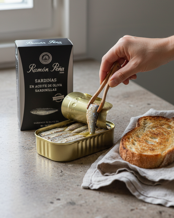 Ramon Pena silver line small sardines in olive oil, open tin on linen