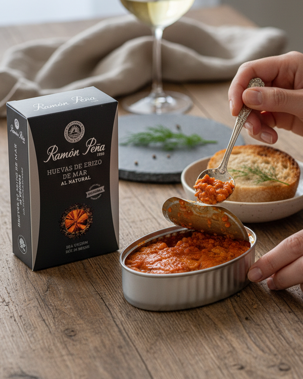 Ramon Pena sea urchin roe in brine, open tin, luxury conserva